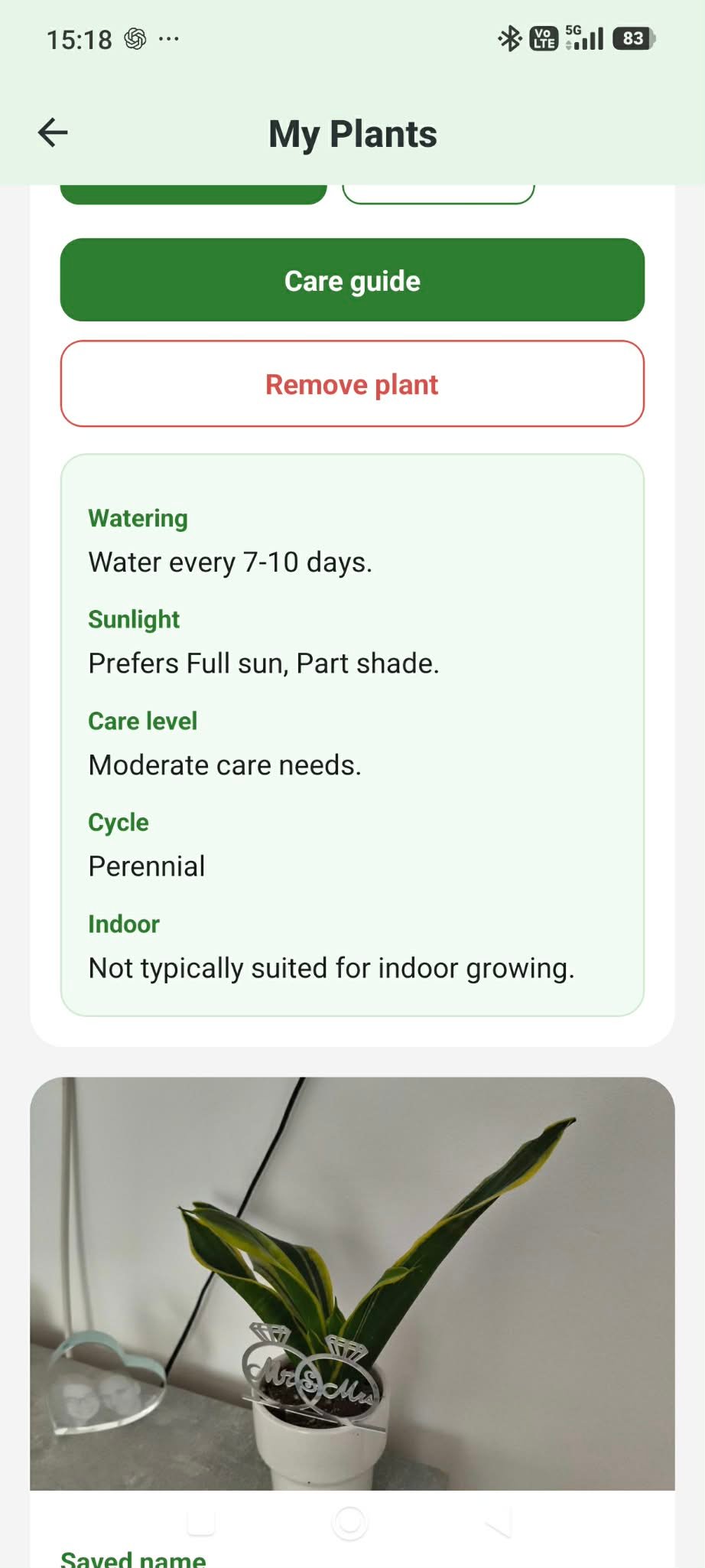 PlantyCare mobilalkalmazás képernyőkép